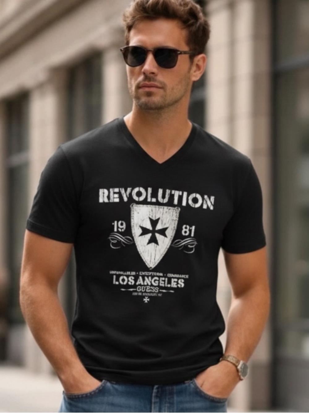 Guess Men's Black Graphic Revolution V-Neck Crest Tee Shirt M